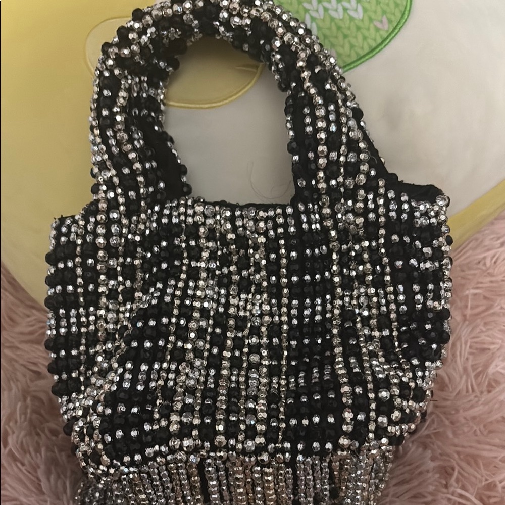 Chic Black and Silver Beaded Mini Bag